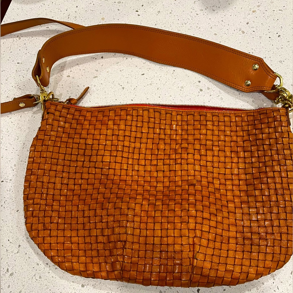 Clare V Woven Leather Crossbody Bag in Cognac Tan